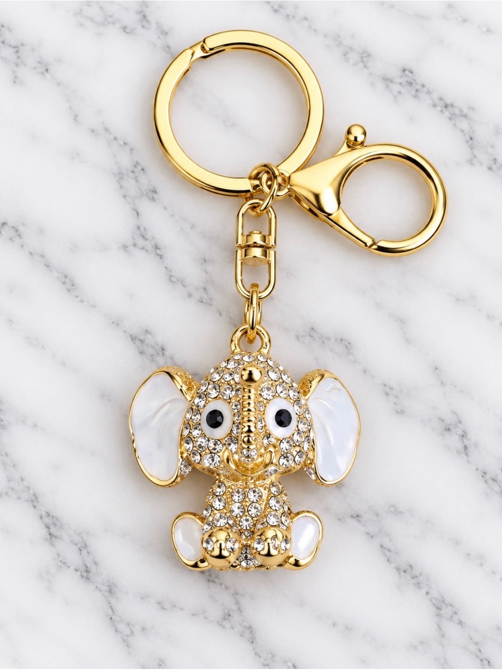 Bag charm/Keyring- White Rhinestone Baby Lucky Elephant-Gold Hardware